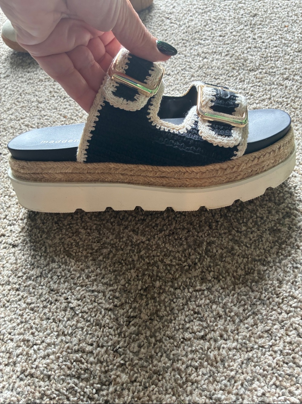 Madden Girl Black and Cream Crochet Double-Buckle Slide Sandals